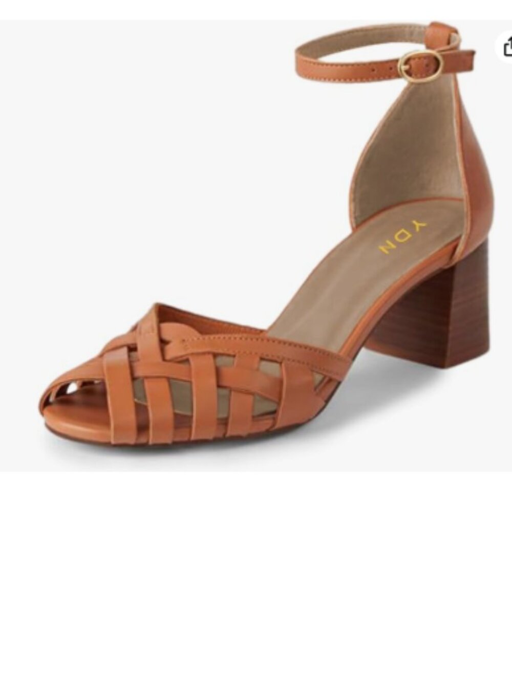 YDN Tan Peep Toe Mid Block Heel Sandals Crossed Straps Buckle Stacked Shoes